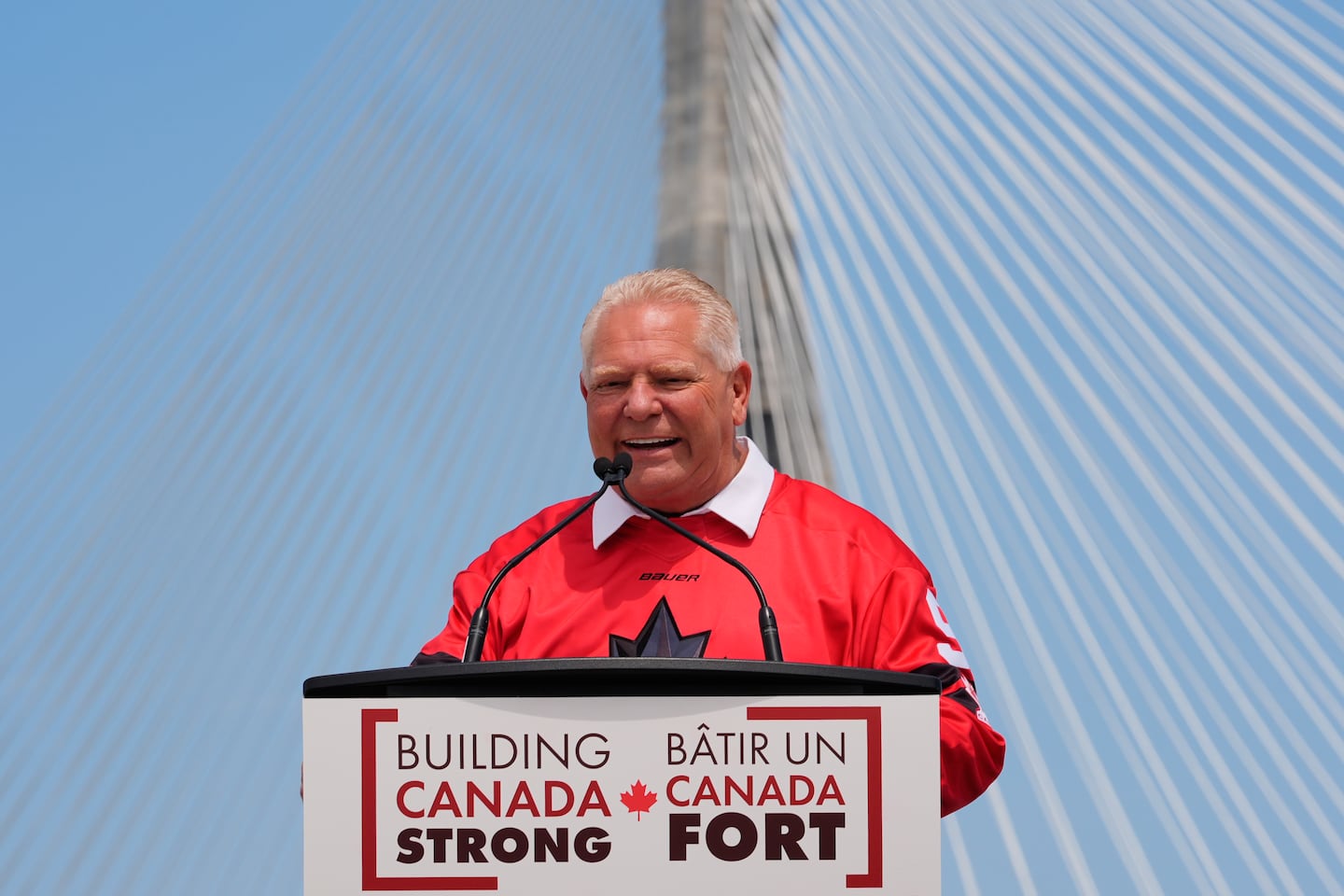 Doug Ford, Premier of Ontario, speaks during a Canadian celebration for the Gordie Howe International bridge connecting Detroit and Windsor, Ontario Friday, July 24, 2026.