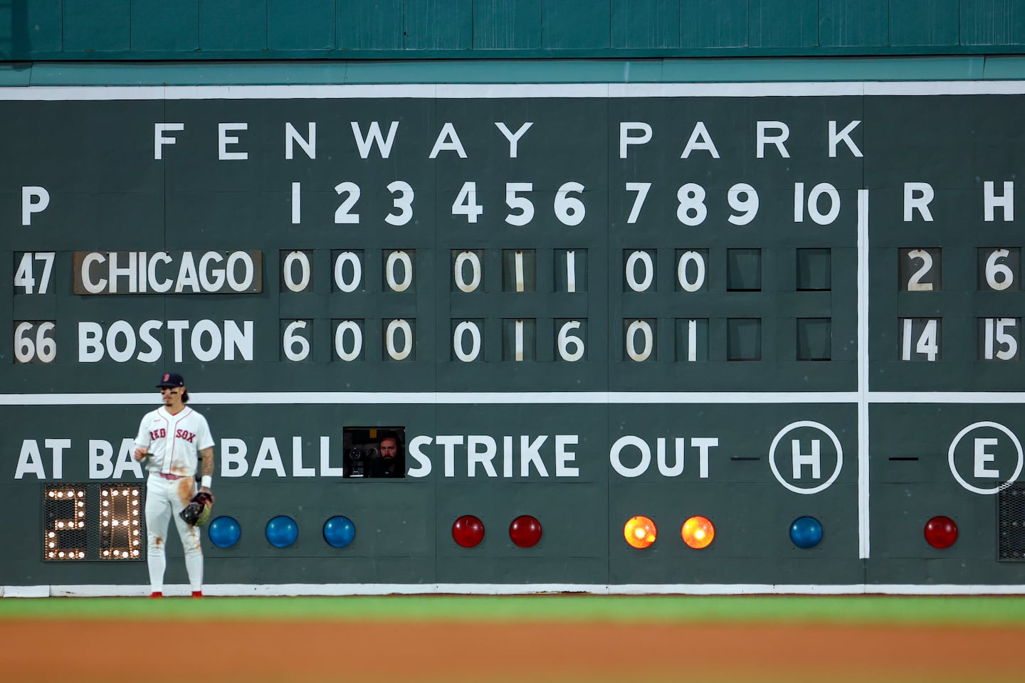 Jarren Duran manned left field in front of the Green Monster scoreboard as the Red Sox closed out the big win over the White Sox.
